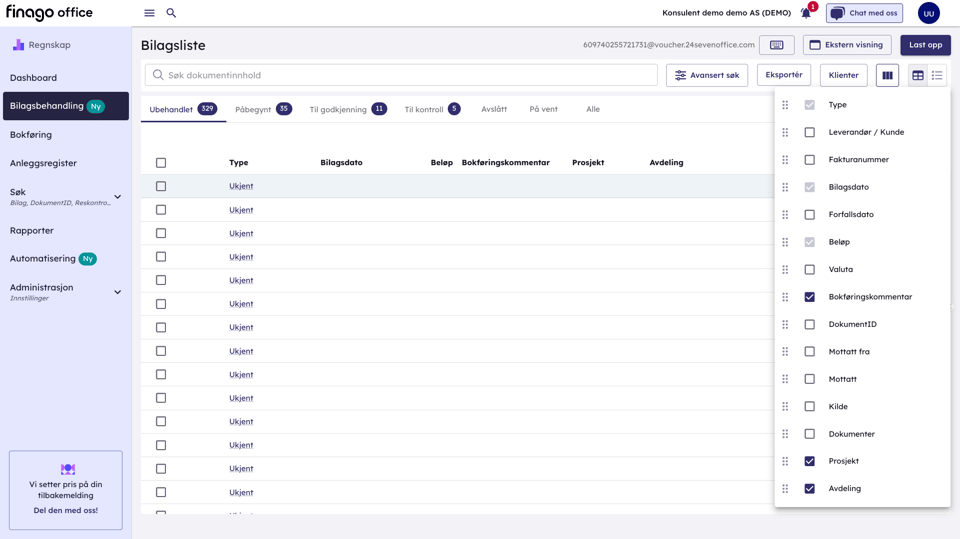 NO Finago Office Flere kolonner i bilagslisten