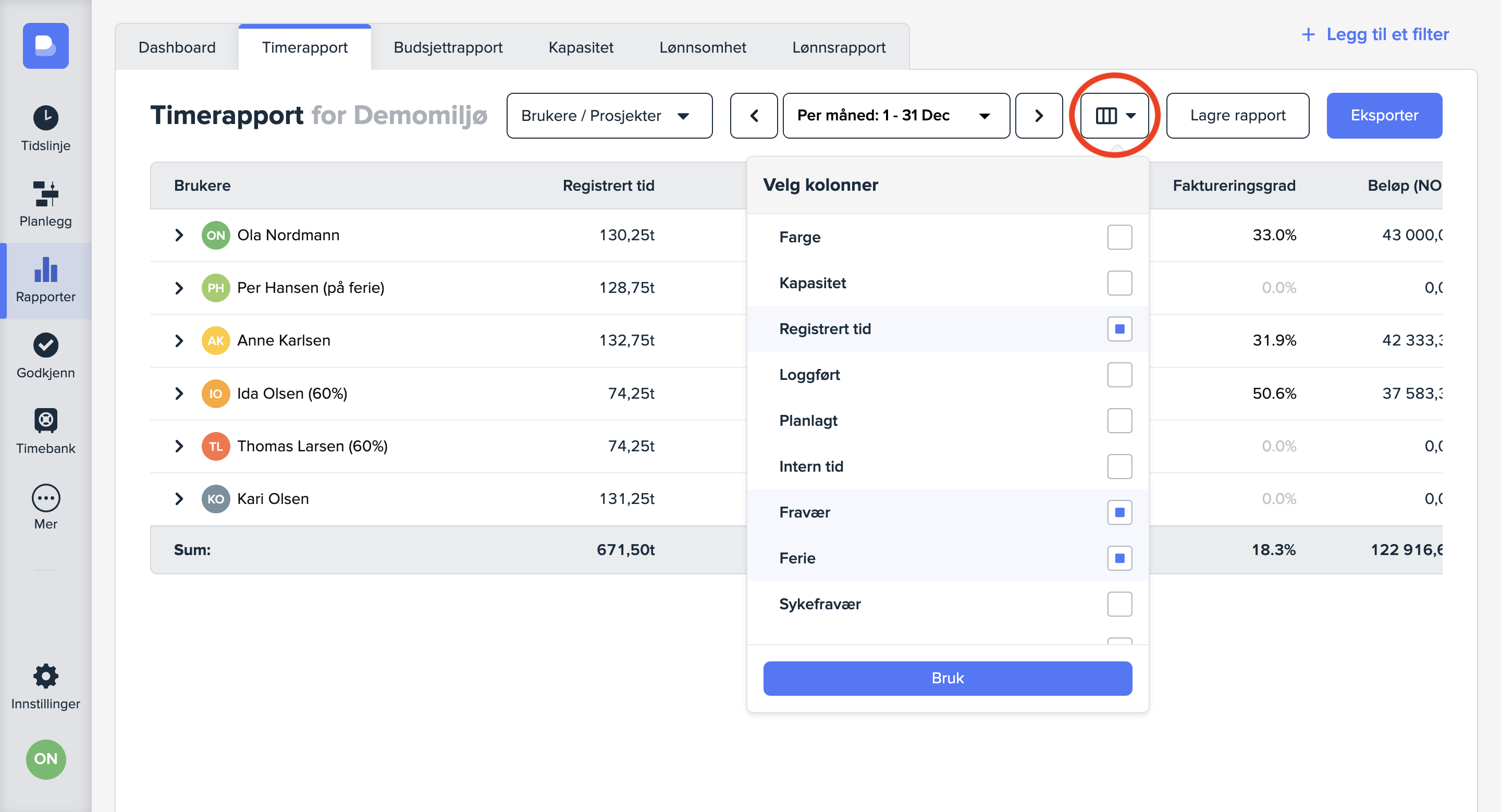 Tilpass kolonner i timerapporten